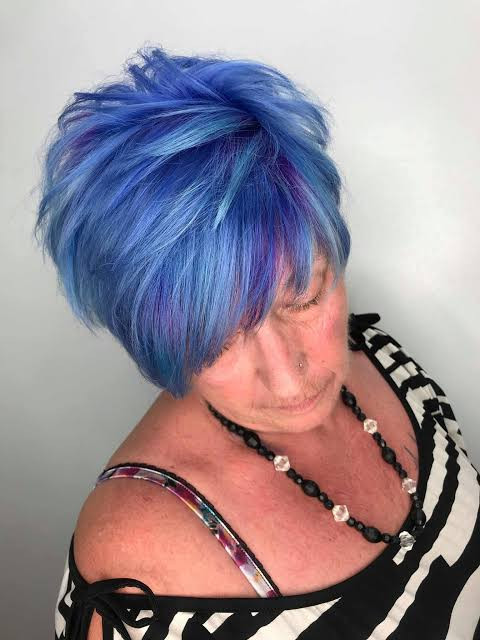 Vibrant Blue Pixie With Purple Accents Vibrant Blue Pixie With Purple Accents — Hair Color Over 50 Short Hair