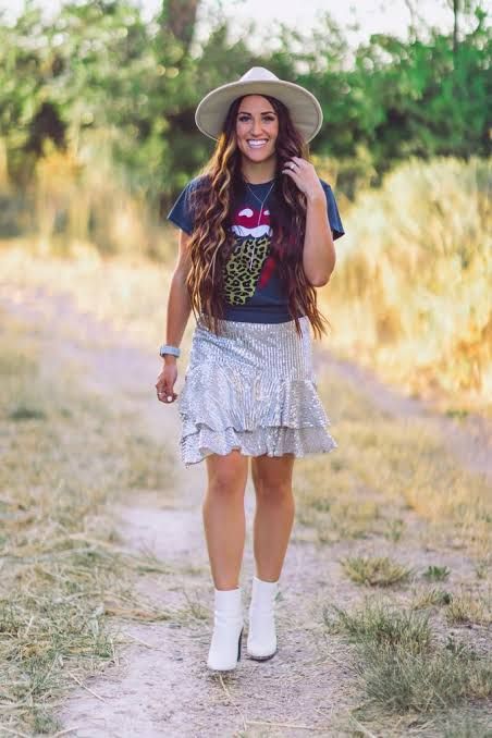 Band Tee with Sequined Mini Skirt and Fedora — Band Tee Outfits