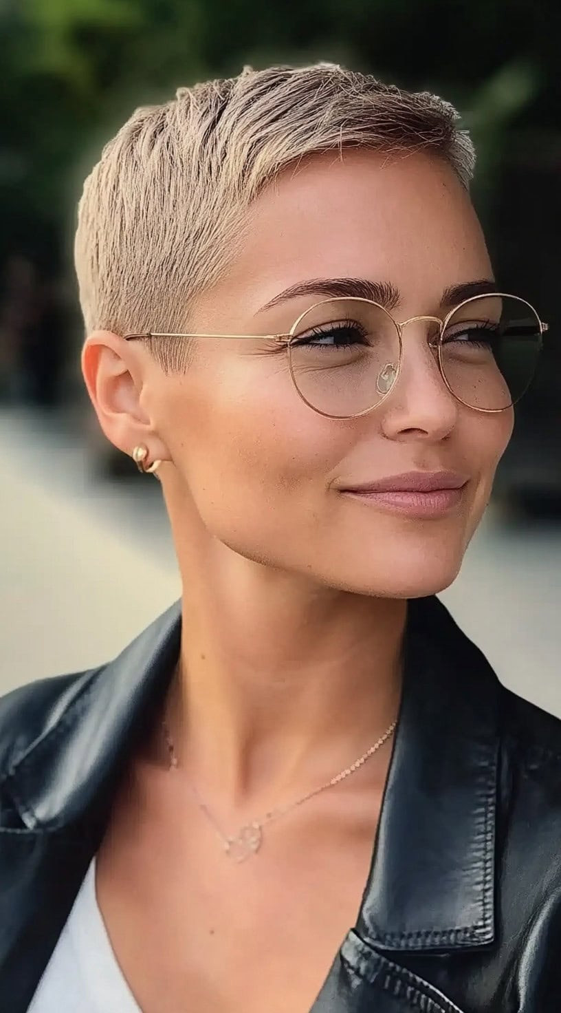 Platinum Blonde Pixie With Silver Undertones Platinum Blonde Pixie With Silver Undertones — Pixie with Glasses