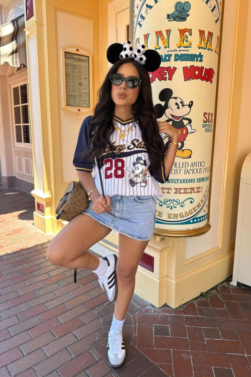 Baseball Jersey Top with Denim Mini Skirt — Theme Park Outfits