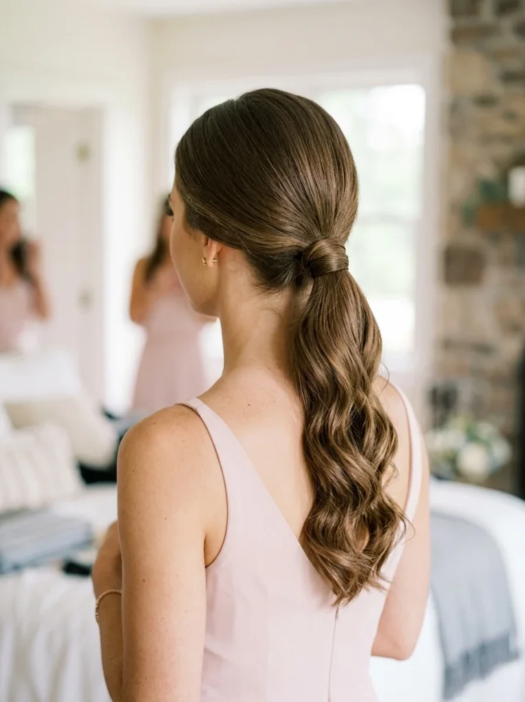 Medium Brown Ponytail With Wrapped Base And Waves — Low Ponytail