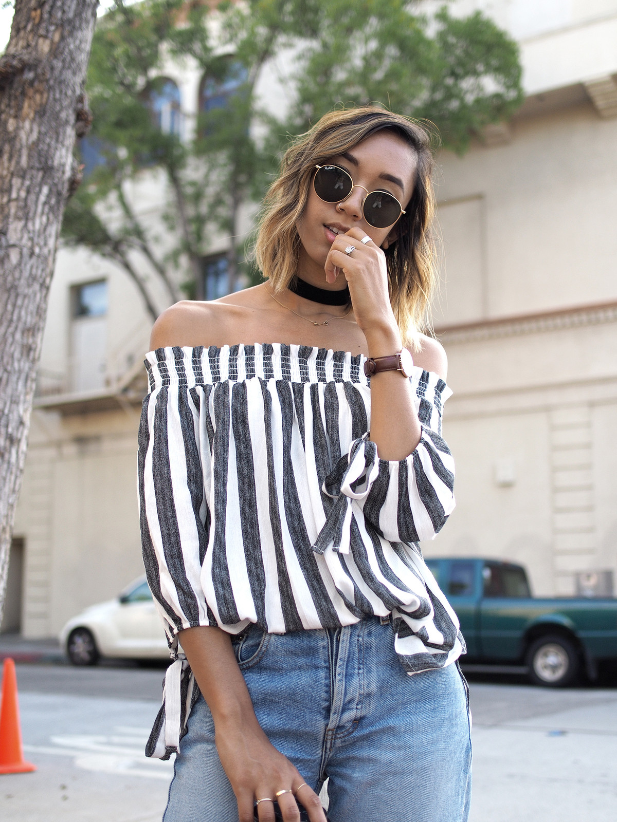 Chic Stripes: Off-the-Shoulder Blouse with Classic Denim — Off the Shoulder Top Outfits