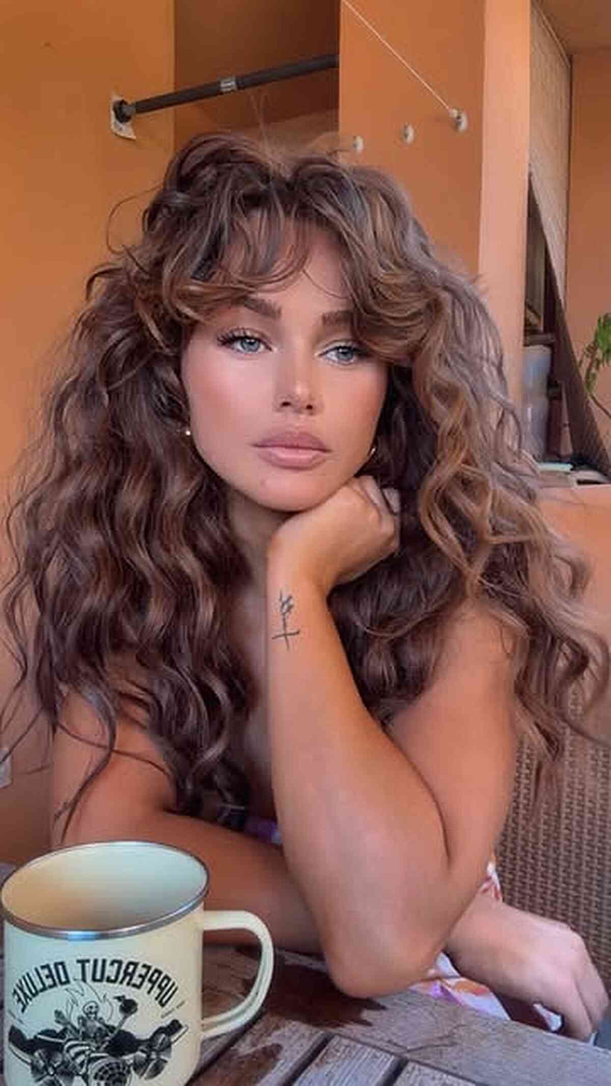 Brunette Balayage Side Swept — Long Hair with Bangs