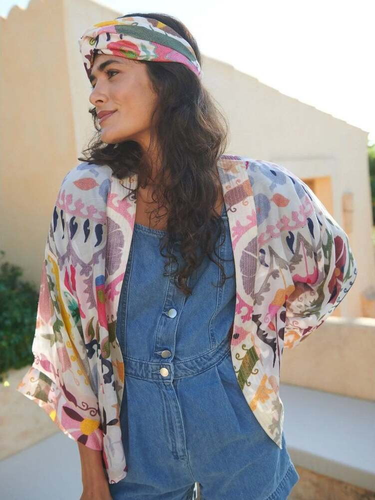 Abstract Print Kimono Over Denim Romper — Kimonos