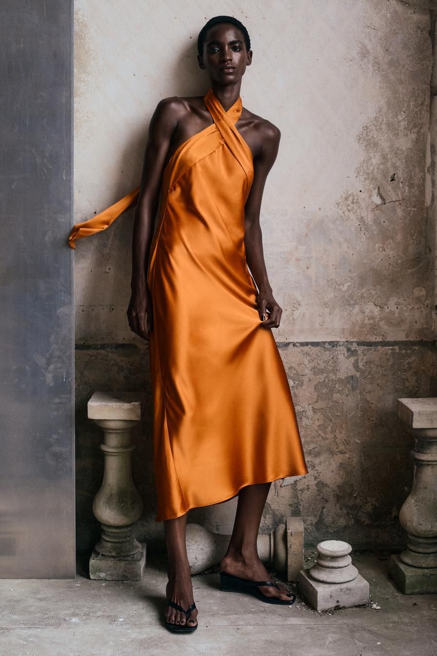 SATIN HALTER MIDI DRESS - Orange | ZARA United States