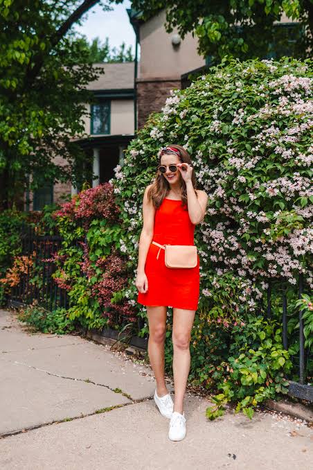 Bright Red Fitted Mini Dress with Sneakers for Summer Fun — Red Outfits