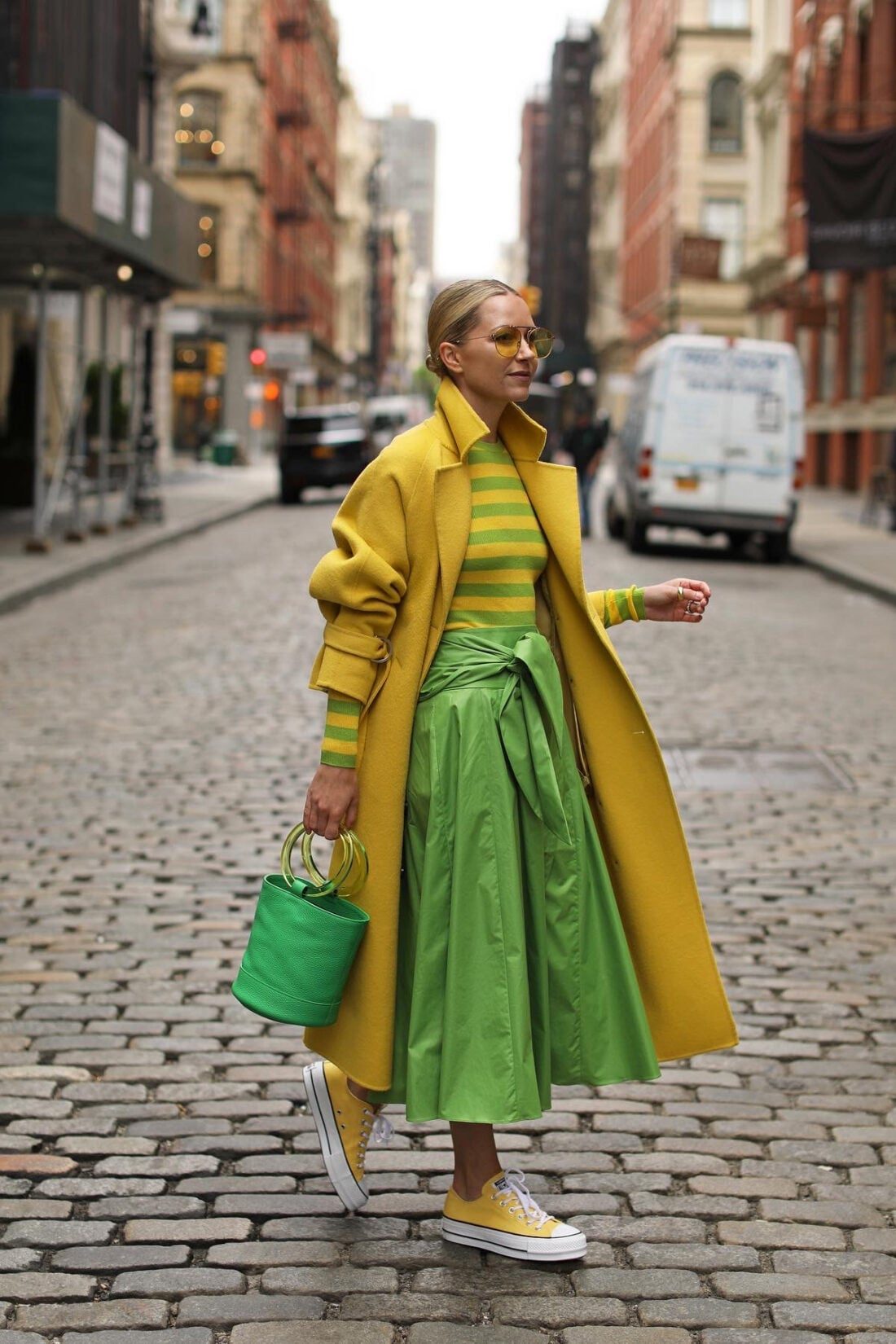 Vibrant Green Midi Skirt with Bold Yellow Accents — Green Outfits