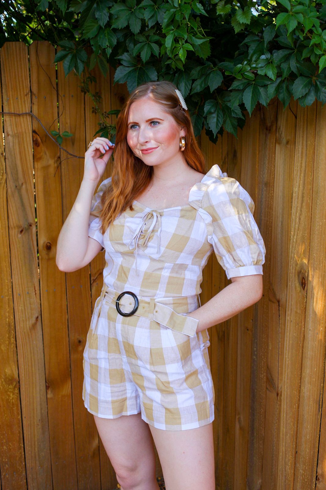 Gingham Puff Sleeve Blouse with High-Waisted Pleated Shorts — Outfits for Short Torso