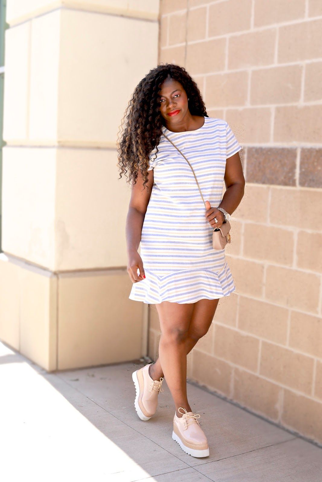 Striped A-Line Dress with Nude Platform Sneakers Striped A-Line Dress with Nude Platform Sneakers — Platform Sneakers Outfits