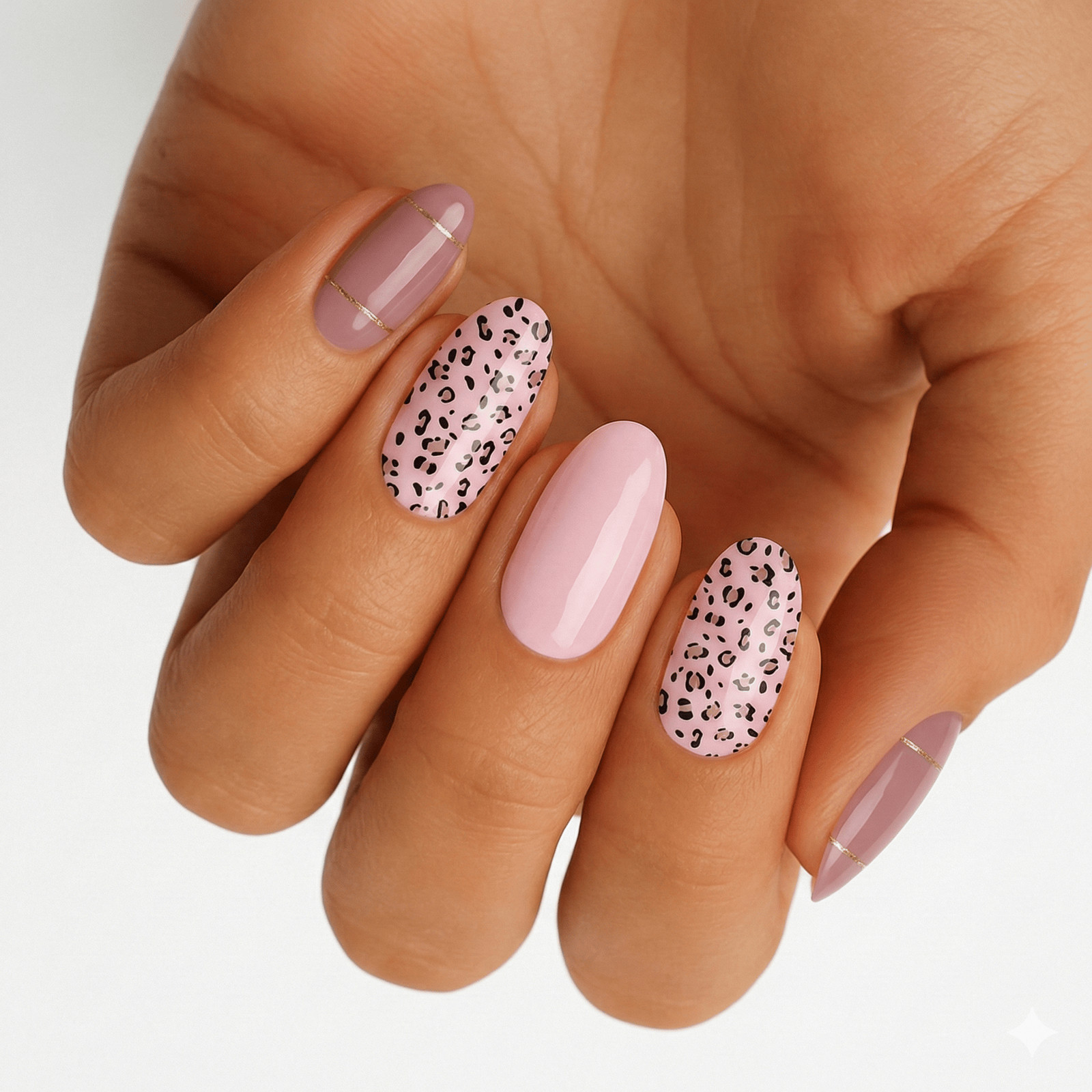 Pink Leopard Accent Medium Oval Nails — Animal Print Nails