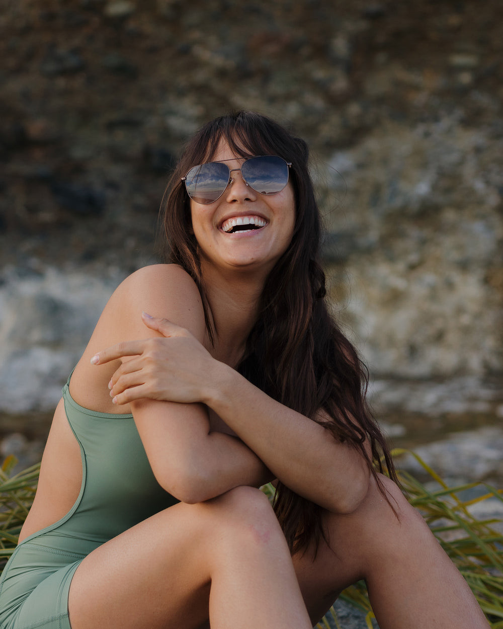 Silver Aviators with Blue Lenses in Swimwear — Aviator Sunglasses Women