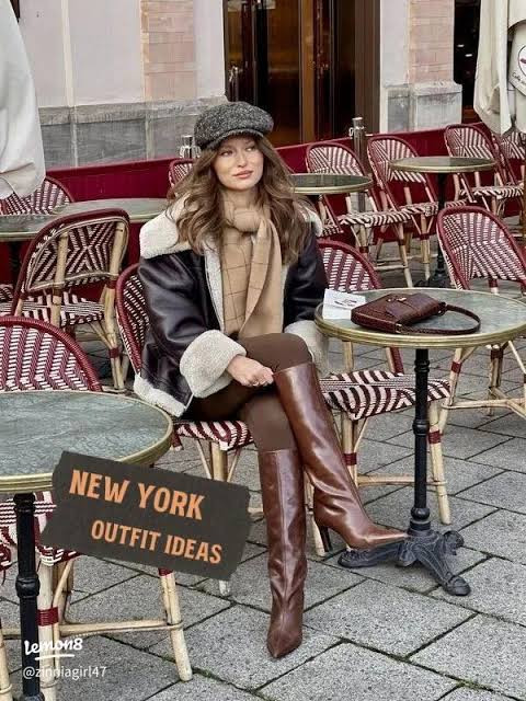 Shearling Jacket and Knee-High Boots with Grey Newsboy Cap — Newsboy Cap Outfits