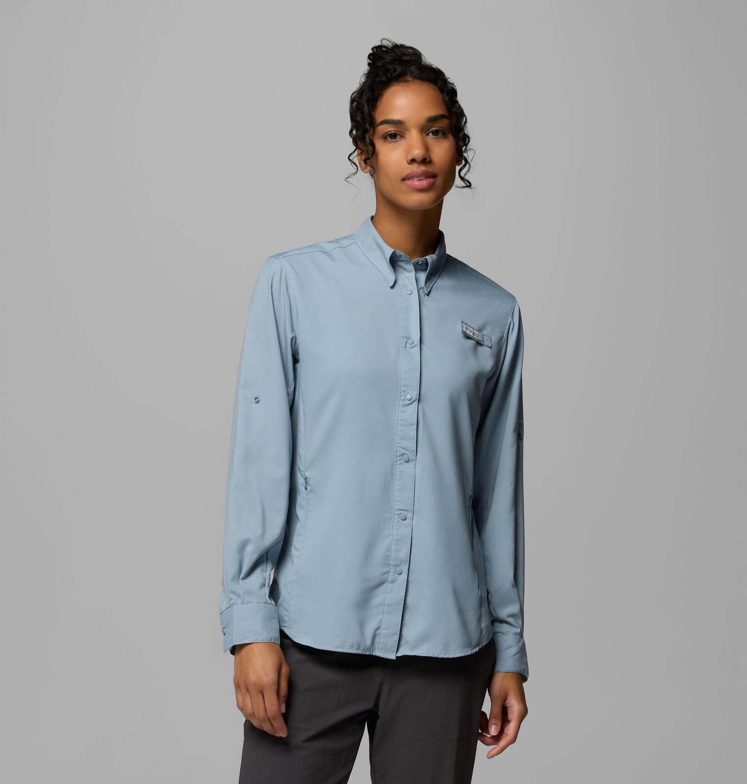 Light Blue Textured Button-Up with Logo Patch — Button Up Shirts