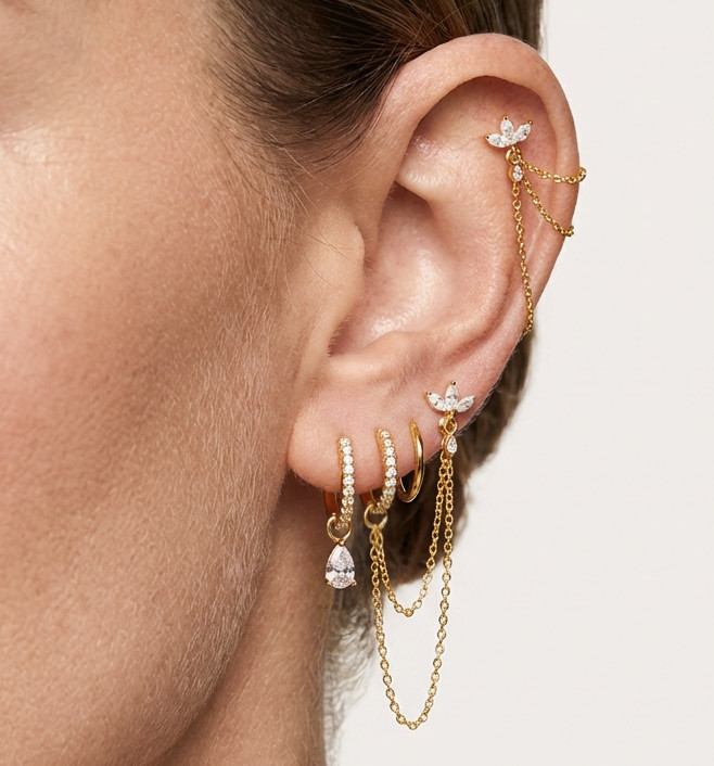 Gold-Tone Hoops with Charms and Chain Cuff Gold-Tone Hoops with Charms and Chain Cuff — Ear Stack Ideas