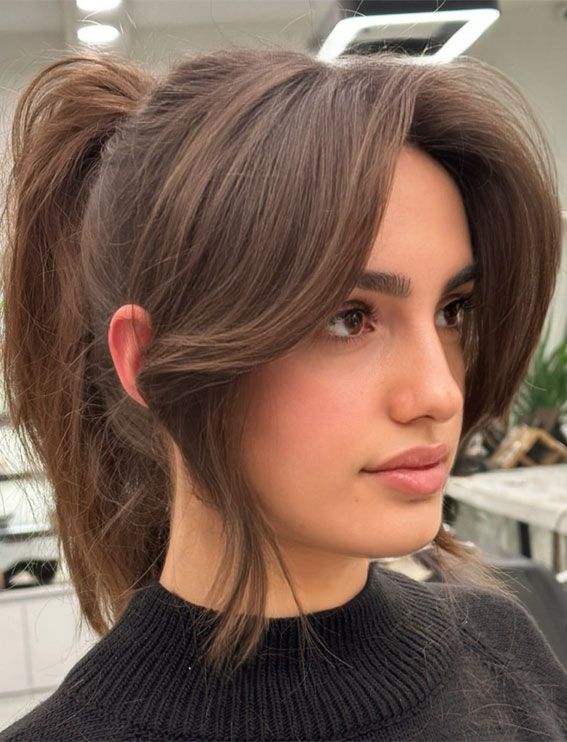 Collarbone Medium Brown Ponytail with Volume — Ponytail with Bangs