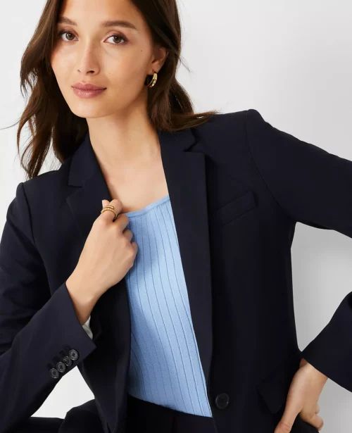 Navy Blazer with Light Blue Ribbed Top and Gold Accents Navy Blazer with Light Blue Ribbed Top and Gold Accents — Court Outfits