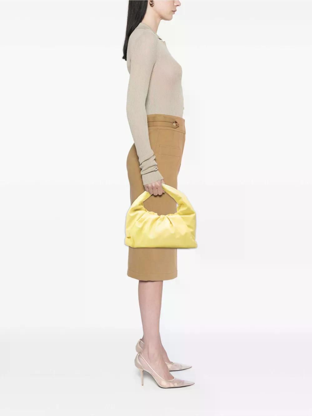 Beige Top and Tan Pencil Skirt with a Yellow Satin Handbag Beige Top and Tan Pencil Skirt with a Yellow Satin Handbag — Bottega Veneta Bag Outfits