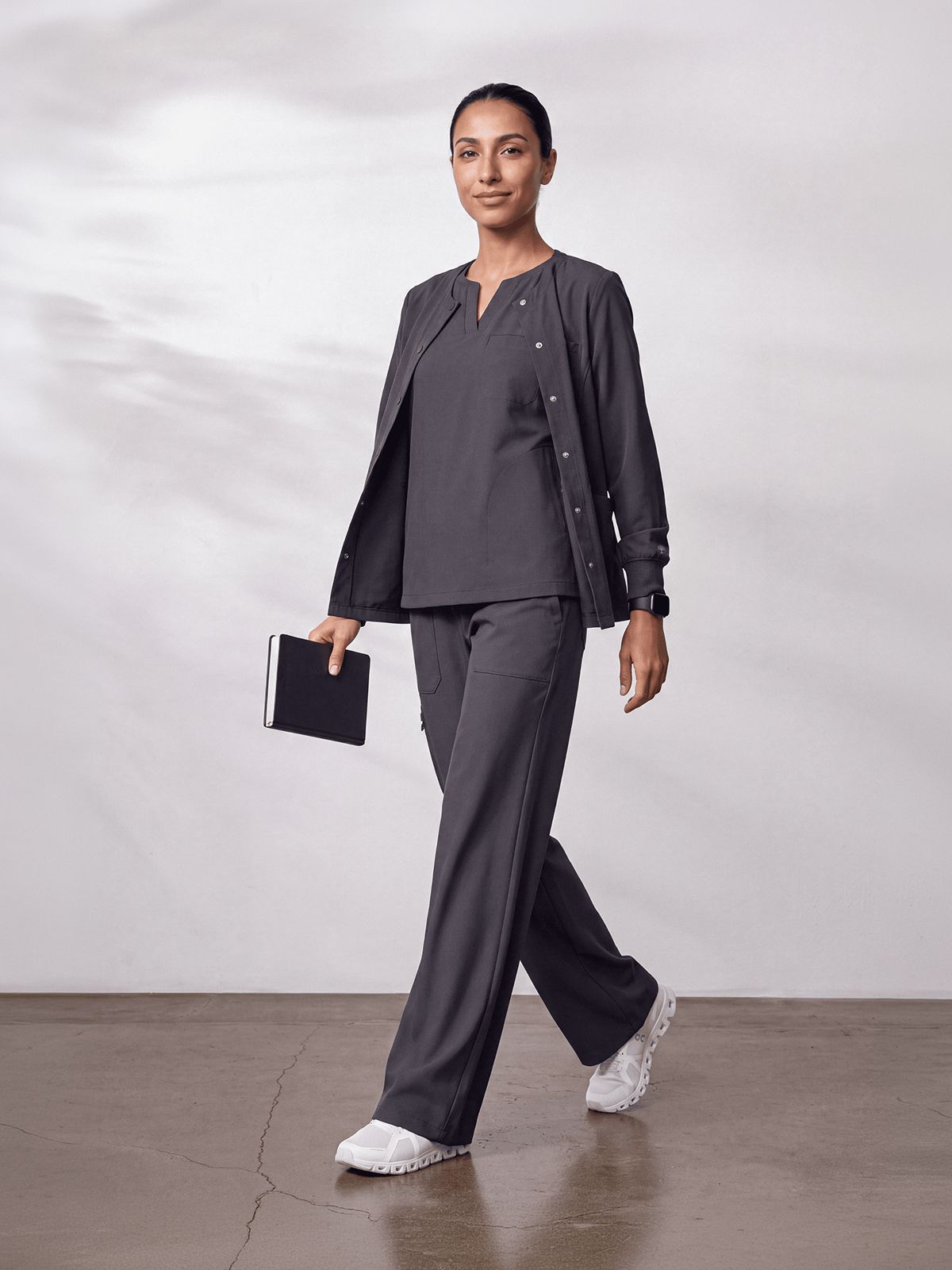 Charcoal Grey Layered Scrubs with Button-Front Jacket Charcoal Grey Layered Scrubs with Button-Front Jacket — Scrubs Outfits