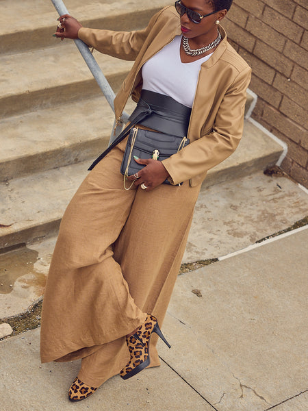 Fashion-Forward Tan Trousers with Faux Leather Jacket — Wide Leg Pants Outfits