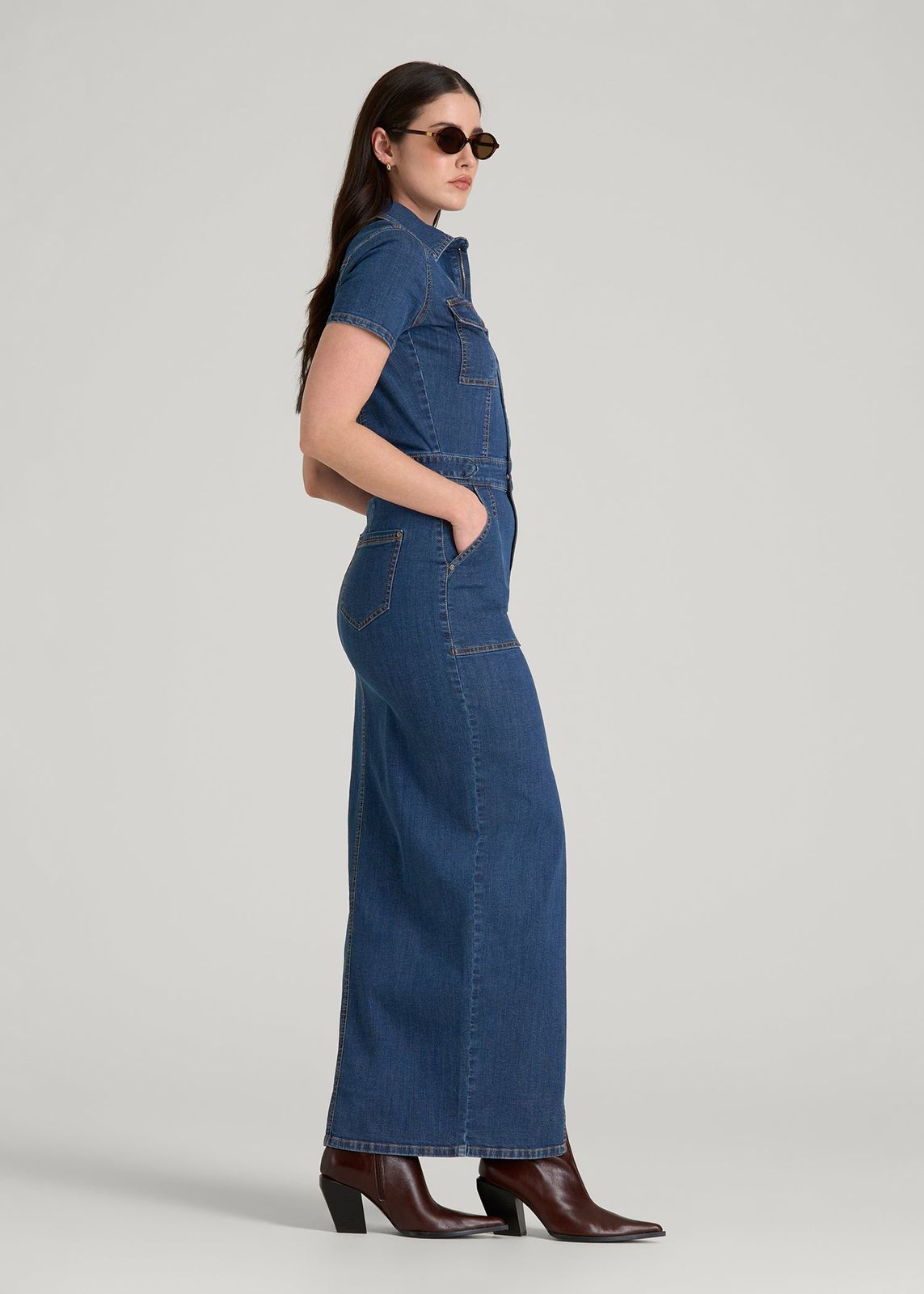 Medium Blue Collared Denim Maxi Dress: Silhouette Focus Medium Blue Collared Denim Maxi Dress: Silhouette Focus — Dresses for Tall Women