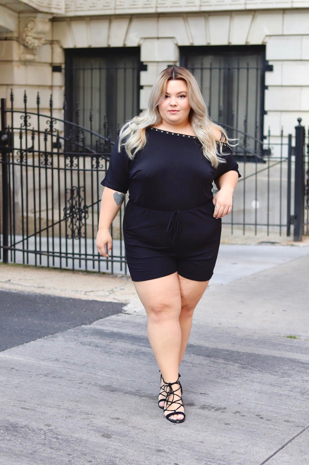 Black Off-the-Shoulder Romper for Casual Day Out — Fashion Nova Outfits