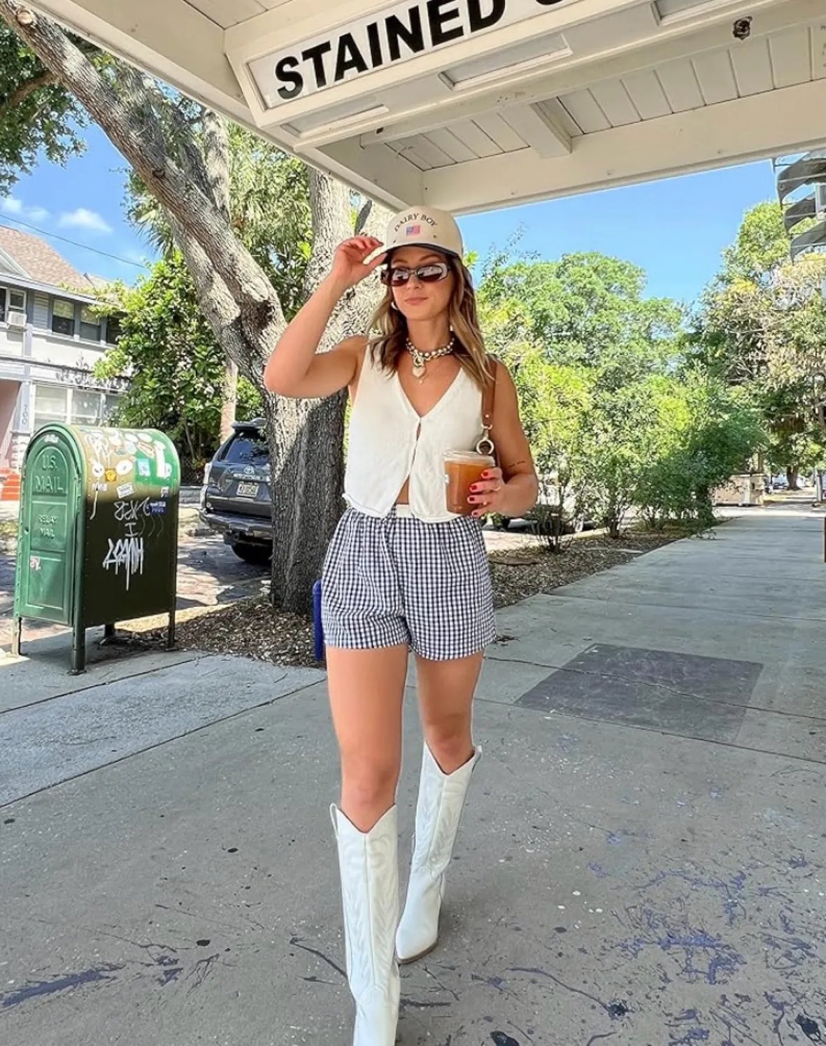 Cropped Vest and Gingham Shorts with White Boots — Cowgirl Outfits
