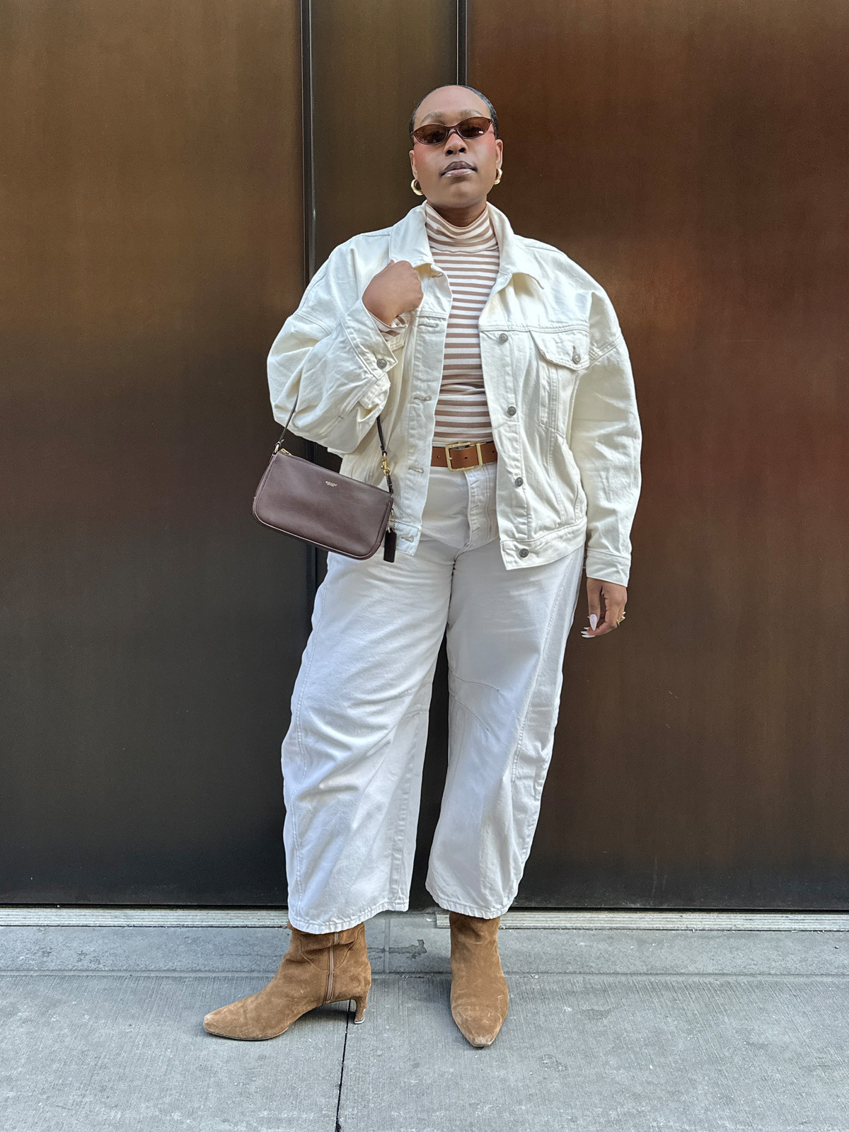 Casual Comfort: Brown Baguette with Denim Jacket and Stripes Casual Comfort: Brown Baguette with Denim Jacket and Stripes — Baguette Bag Outfits
