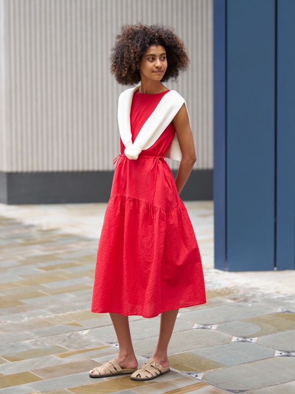 Red Textured A-Line Tea Length Dress with Draped Sweater Red Textured A-Line Tea Length Dress with Draped Sweater — Tea Length Dresses