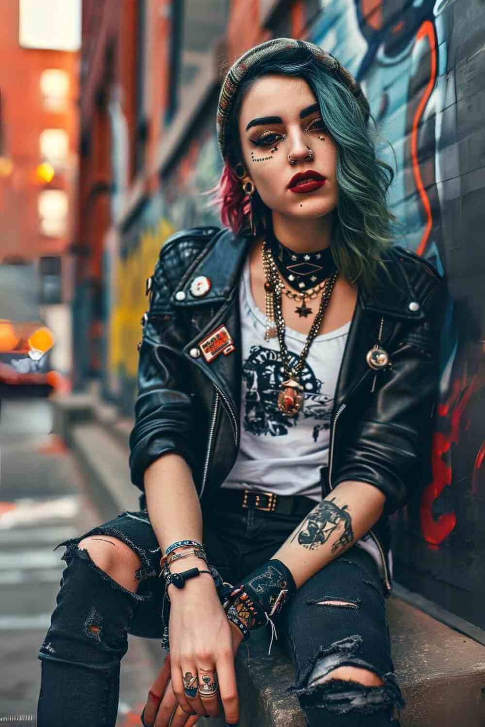 Red Shorts with Leather Jacket and Fishnets Red Shorts with Leather Jacket and Fishnets — Pop Punk Outfits