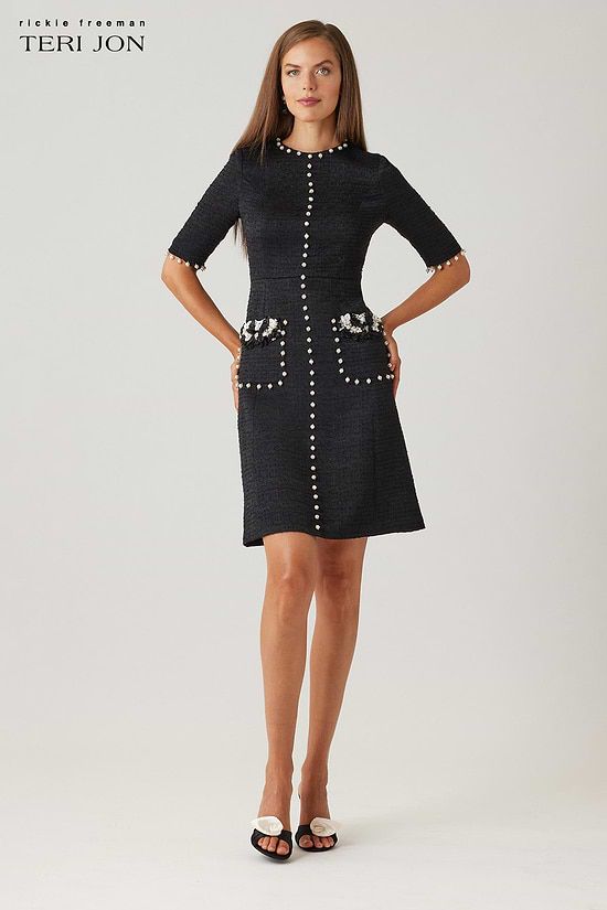 Black Textured Sheath Dress with Pearl Button Details — Rehearsal Dinner Dresses