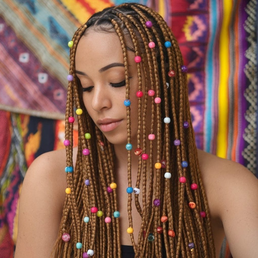 Medium Brown Box Braids with Colorful Beads — Braid Colors