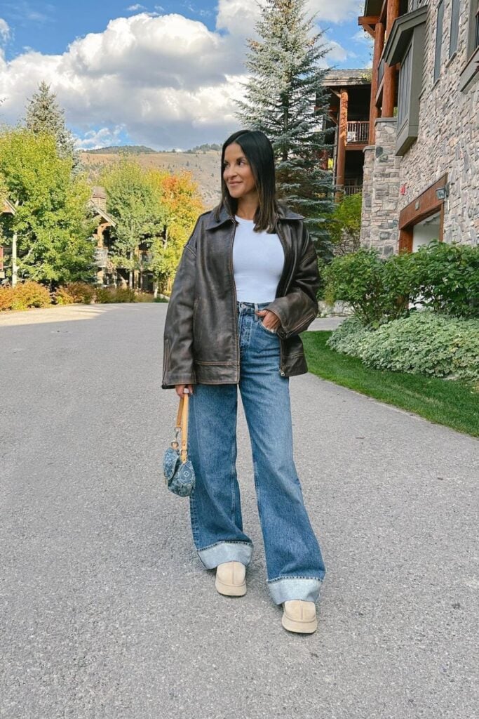 Faux Leather Jacket and Wide-Leg Jeans for Brewery Faux Leather Jacket and Wide-Leg Jeans for Brewery — Brewery Outfits