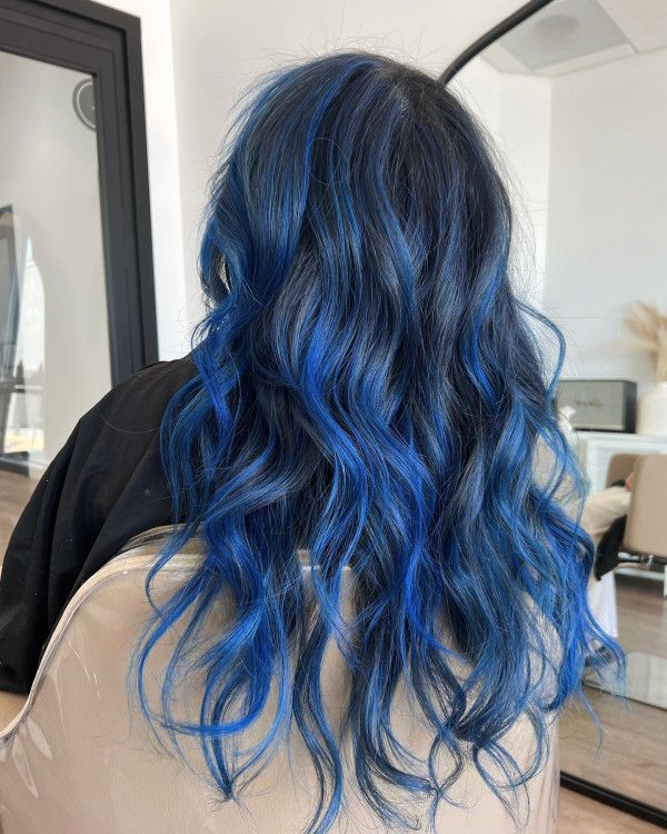 Back View Medium Crop Dark Base With Electric Blue Highlights Back View Medium Crop Dark Base With Electric Blue Highlights — Electric Blue Hair
