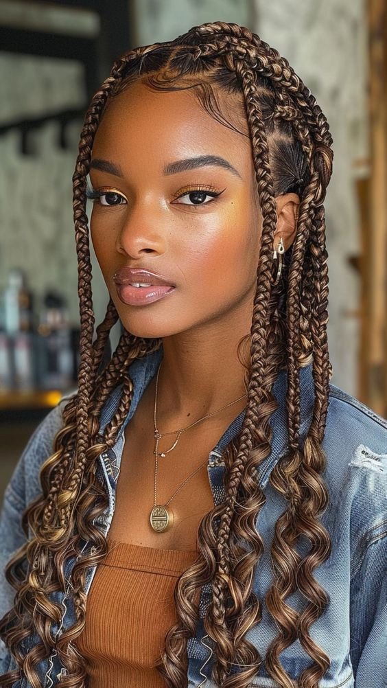 No Bangs Mid-Back Brown Box Braids With Blonde Highlights No Bangs Mid-Back Brown Box Braids With Blonde Highlights — Goddess Box Braids