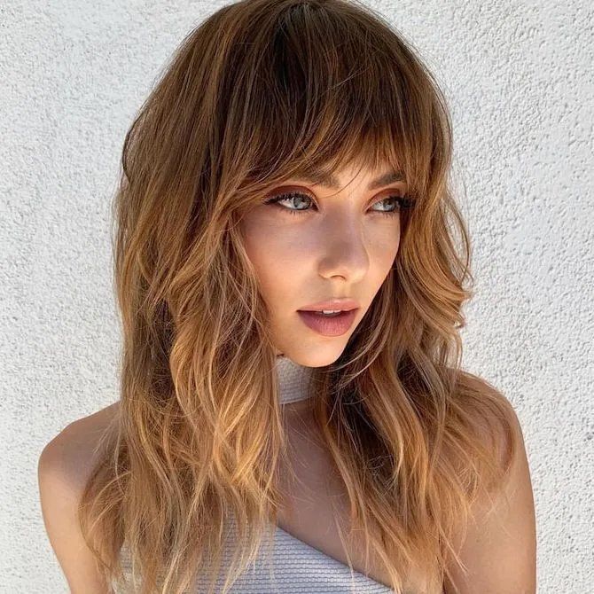 Light Brown With Blonde Balayage Visual Idea — Natural Hair with Bangs
