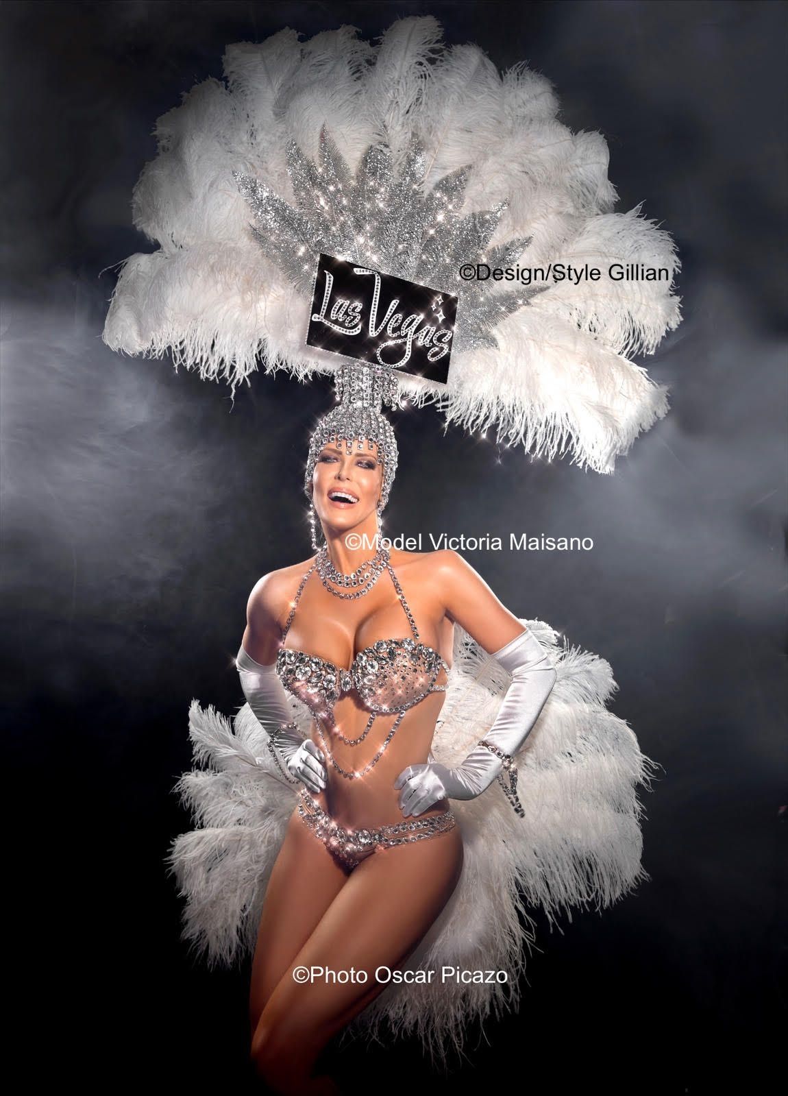 White Feather Headdress: Dazzling Jeweled Showgirl Glamour Vegas Show Outfits