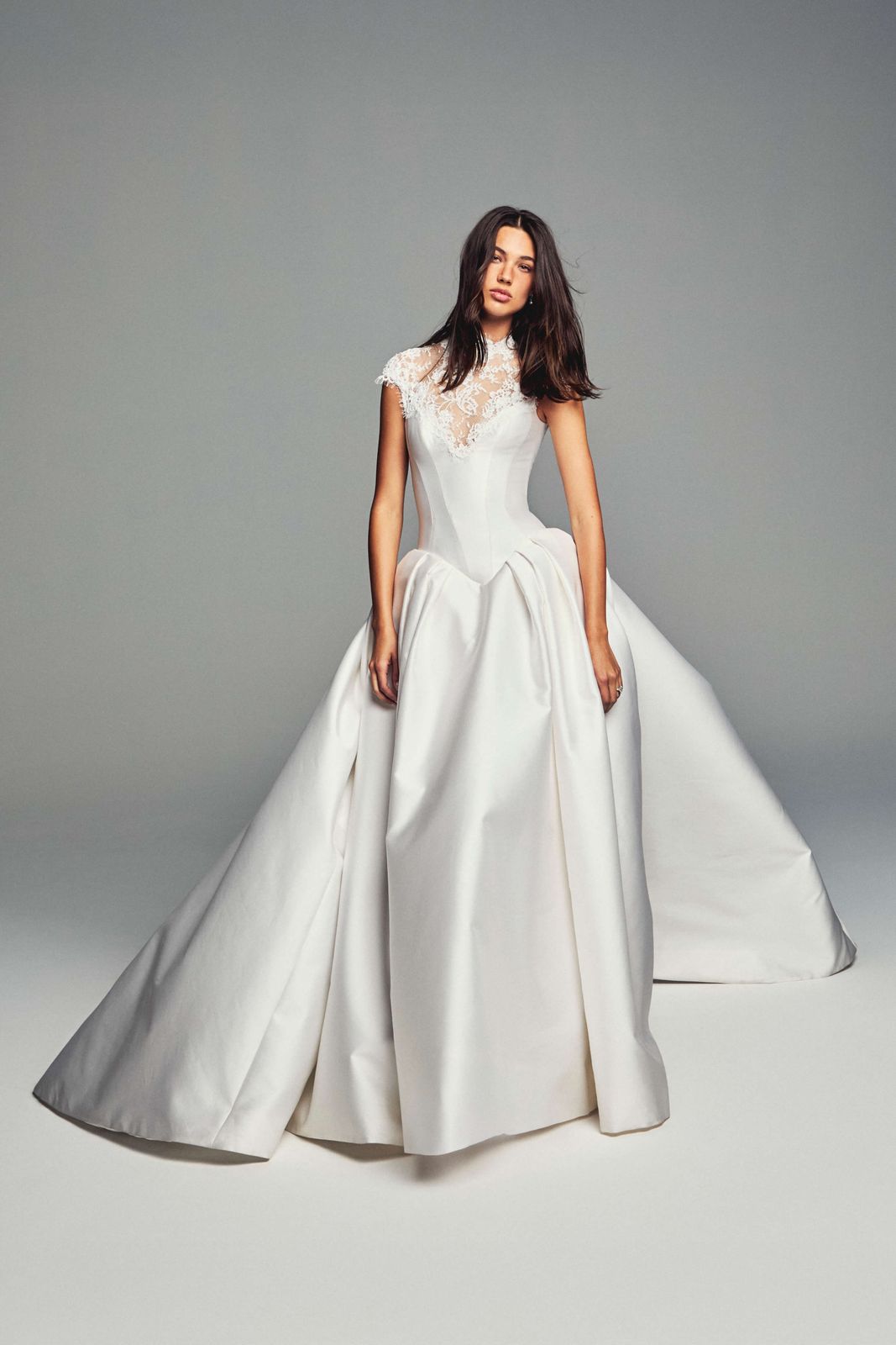 Ivory Satin Ball Gown with Lace High-Neck Bodice Ivory Satin Ball Gown with Lace High-Neck Bodice — Ball Gowns