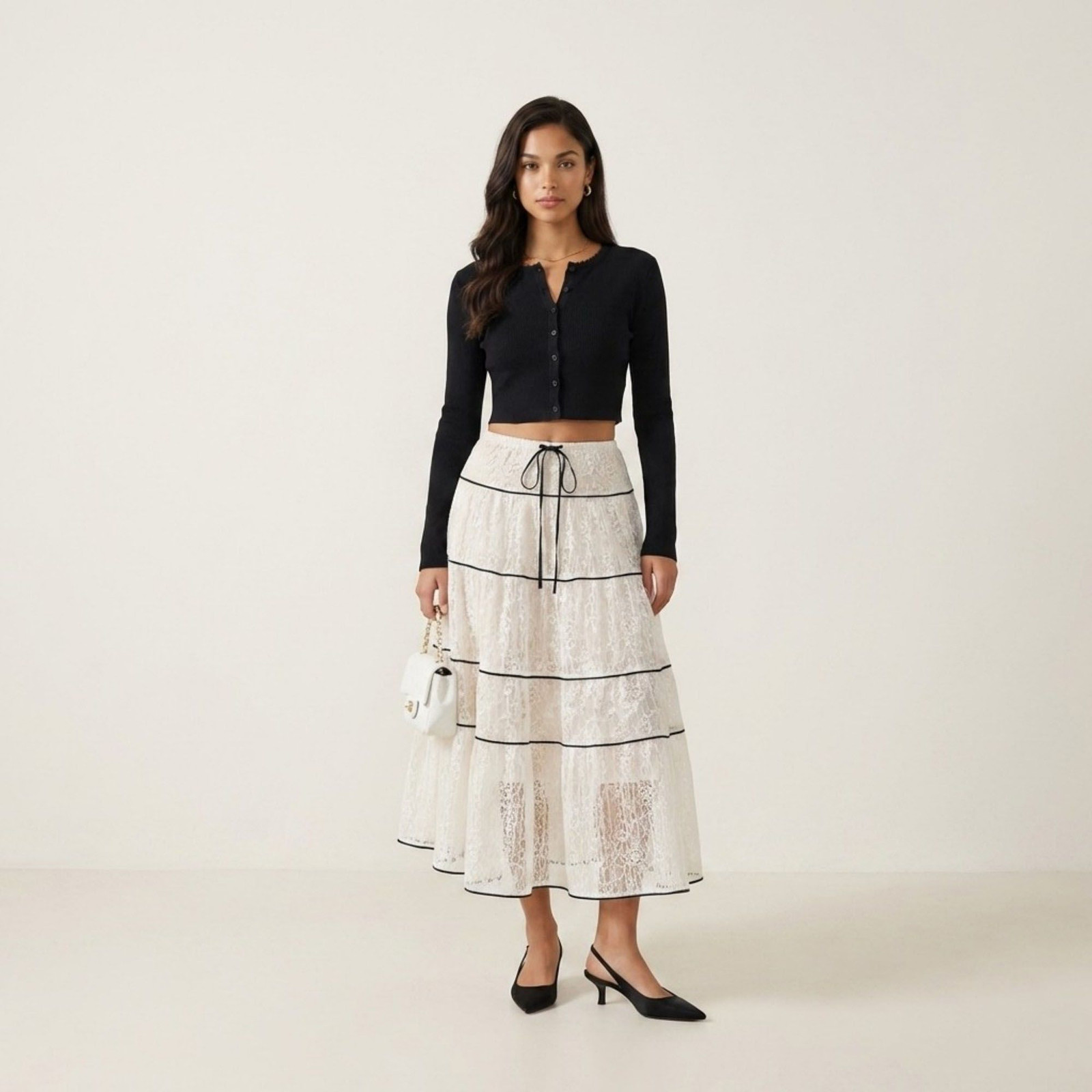 White Lace Tiered Midi Skirt with Fitted Black Cardigan White Lace Tiered Midi Skirt with Fitted Black Cardigan — Tiered Skirt Outfits