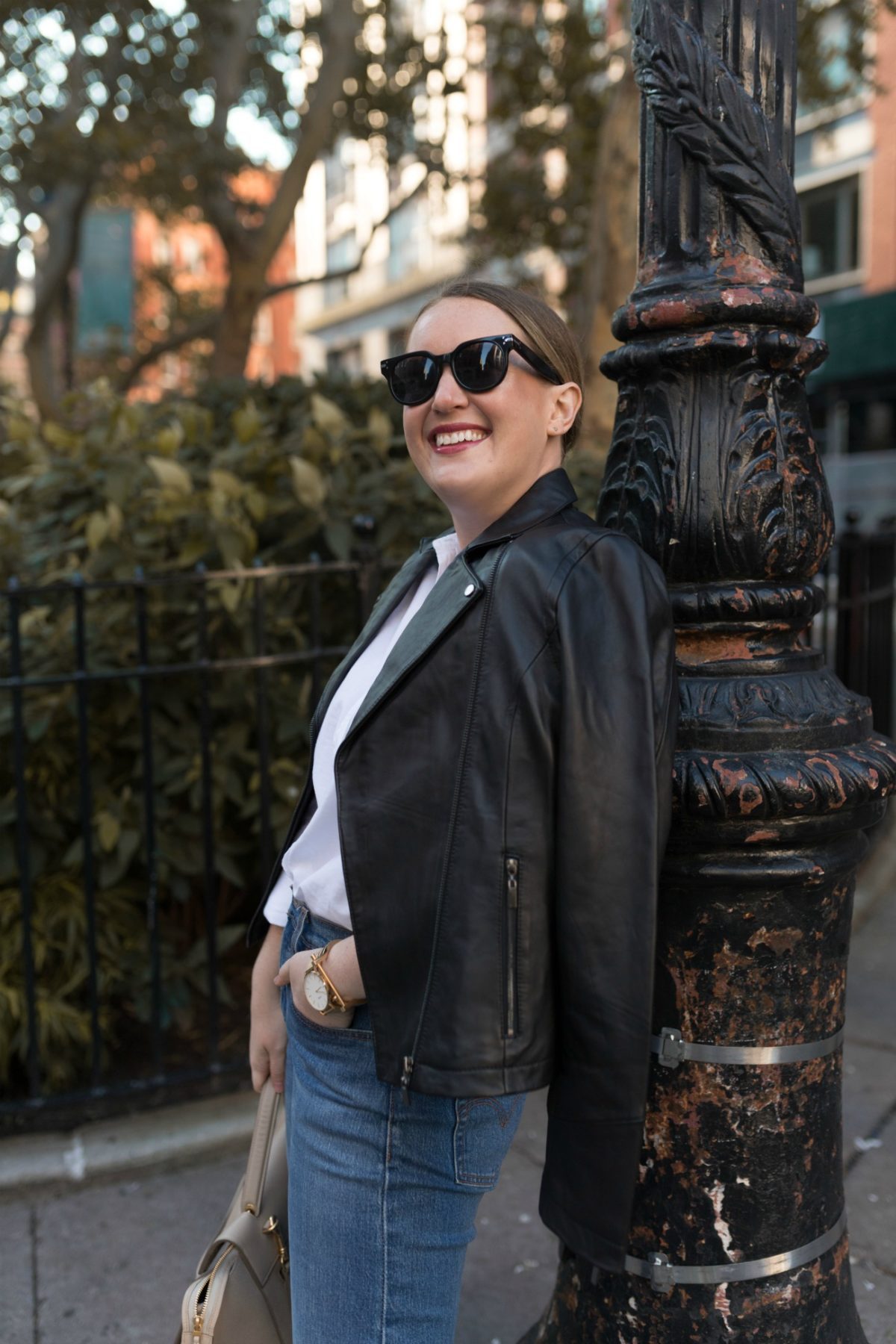 Classic Black Leather Moto Jacket with White Button-Down Classic Black Leather Moto Jacket with White Button-Down — Leather Jackets