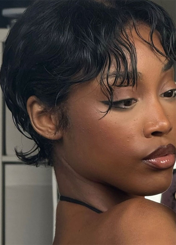 Ear Length Wet Look Wavy Black Pixie Ear Length Wet Look Wavy Black Pixie — Pixie Cut for Black Women