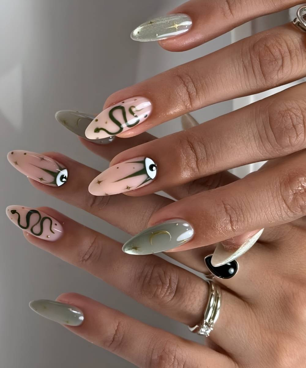 Pale Pink and Sage Green Snake Eye Nails Pale Pink and Sage Green Snake Eye Nails — Evil Eye Nails