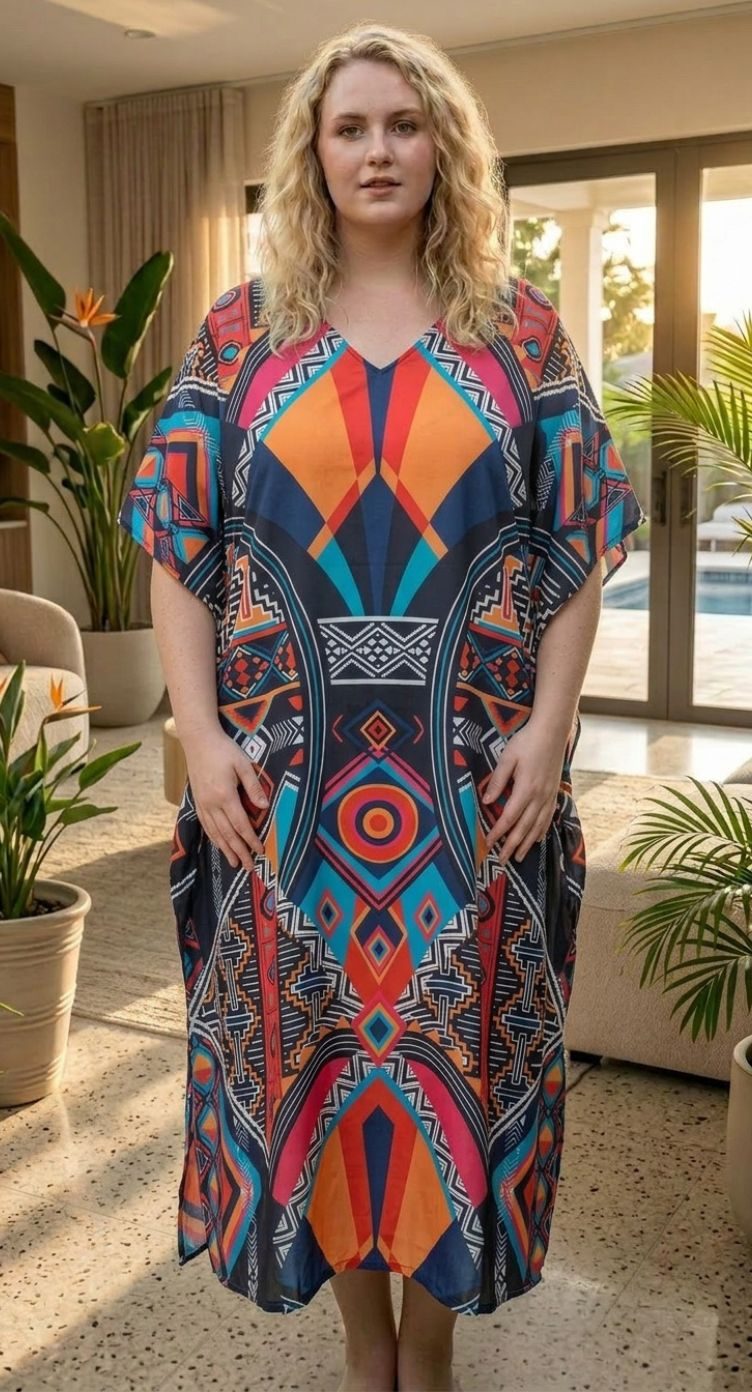 Plus Size Geometric Print Caftan Dress for Casual Cruises — Cruise Dresses