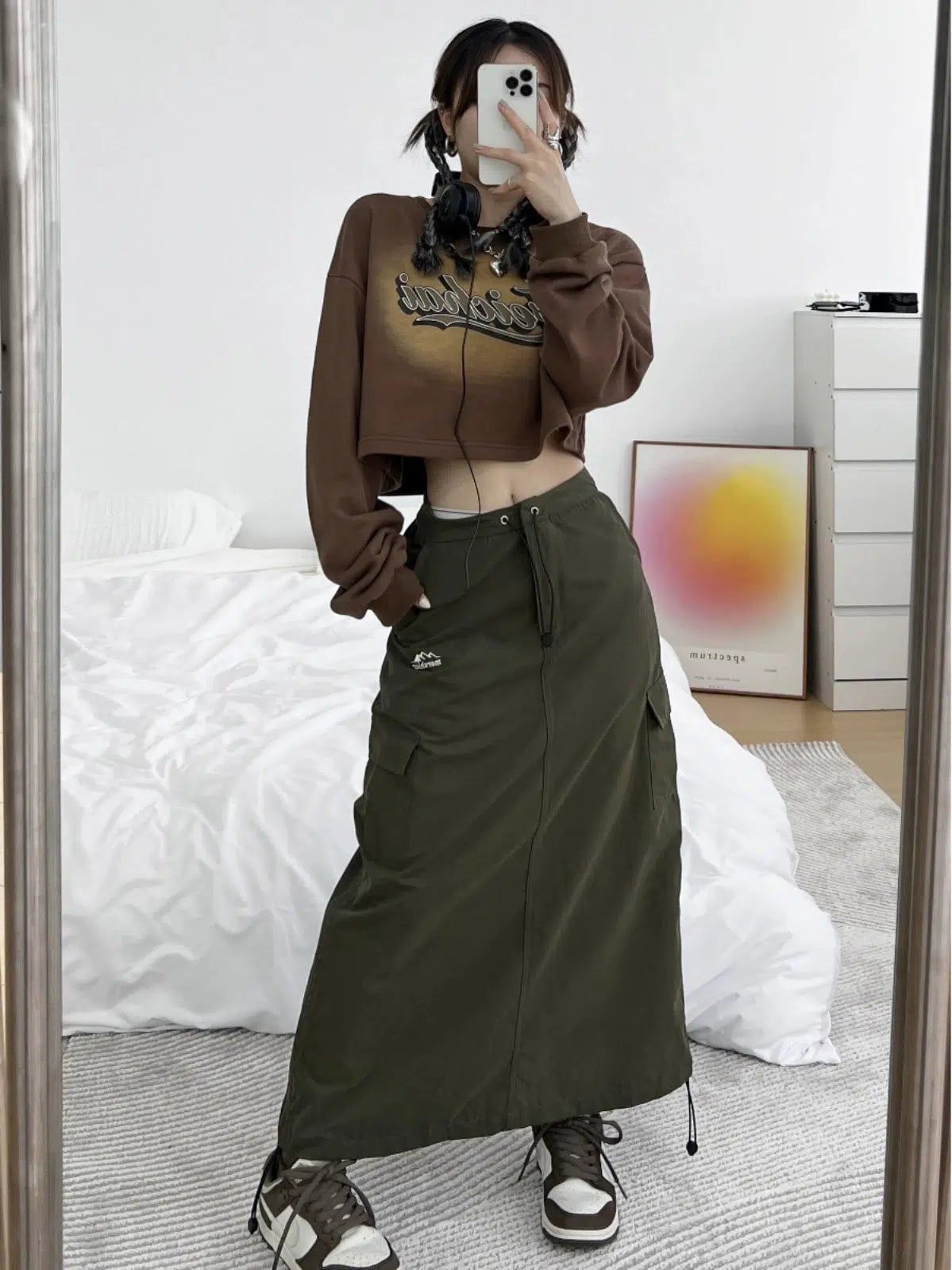 Nylon Cotton Olive Green Cargo Maxi Skirt with Cropped Sweatshirt — Cargo Skirt Outfits