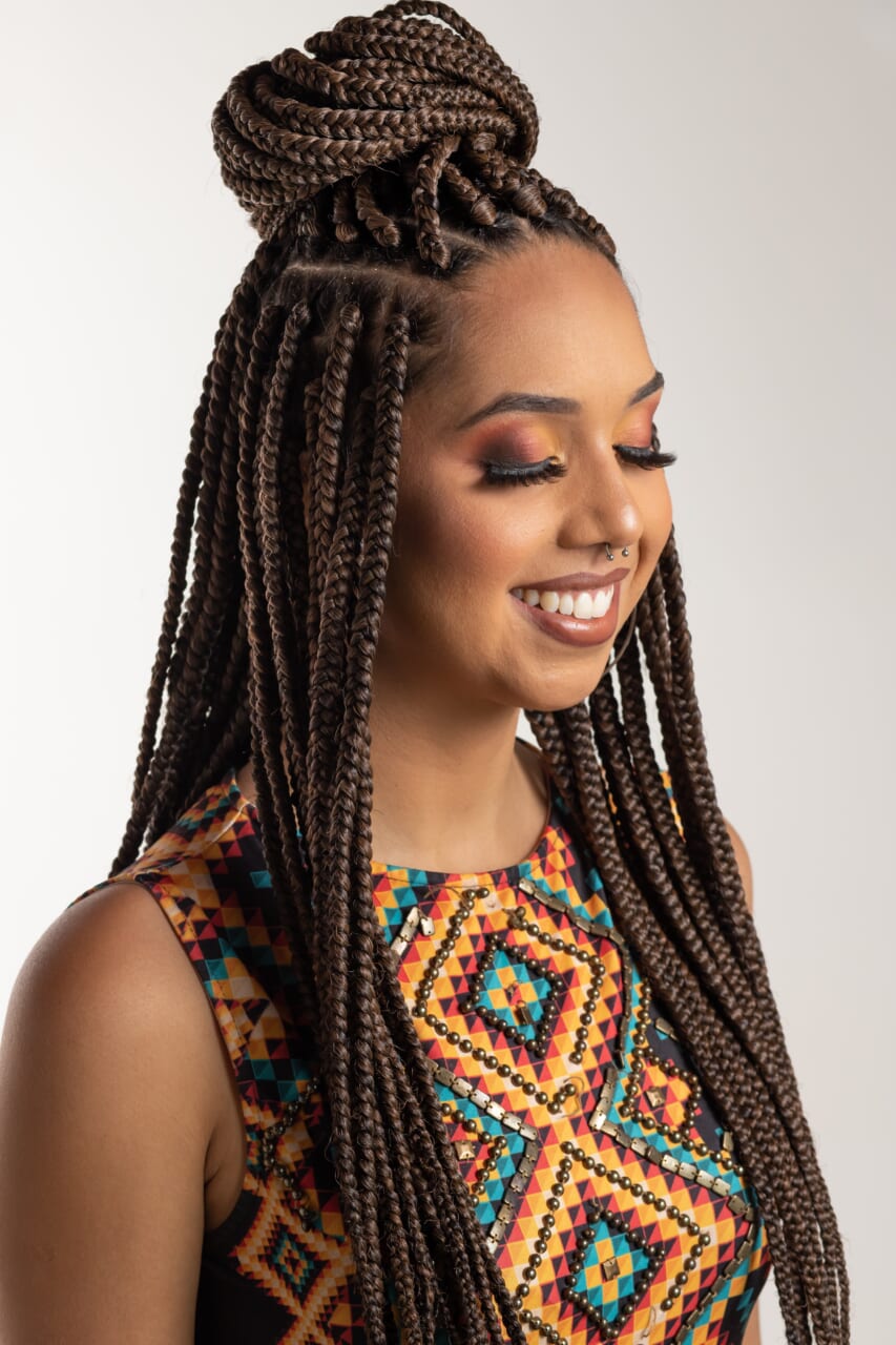 Collarbone Box Braids With Braided Top Knot
