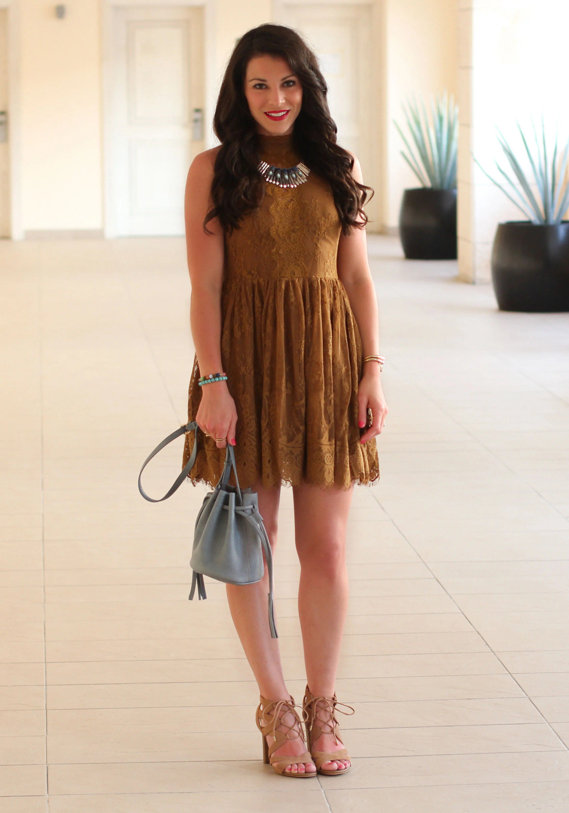 Party Ready: Grey Bucket Bag with Brown Lace Dress — Bucket Bag Outfits
