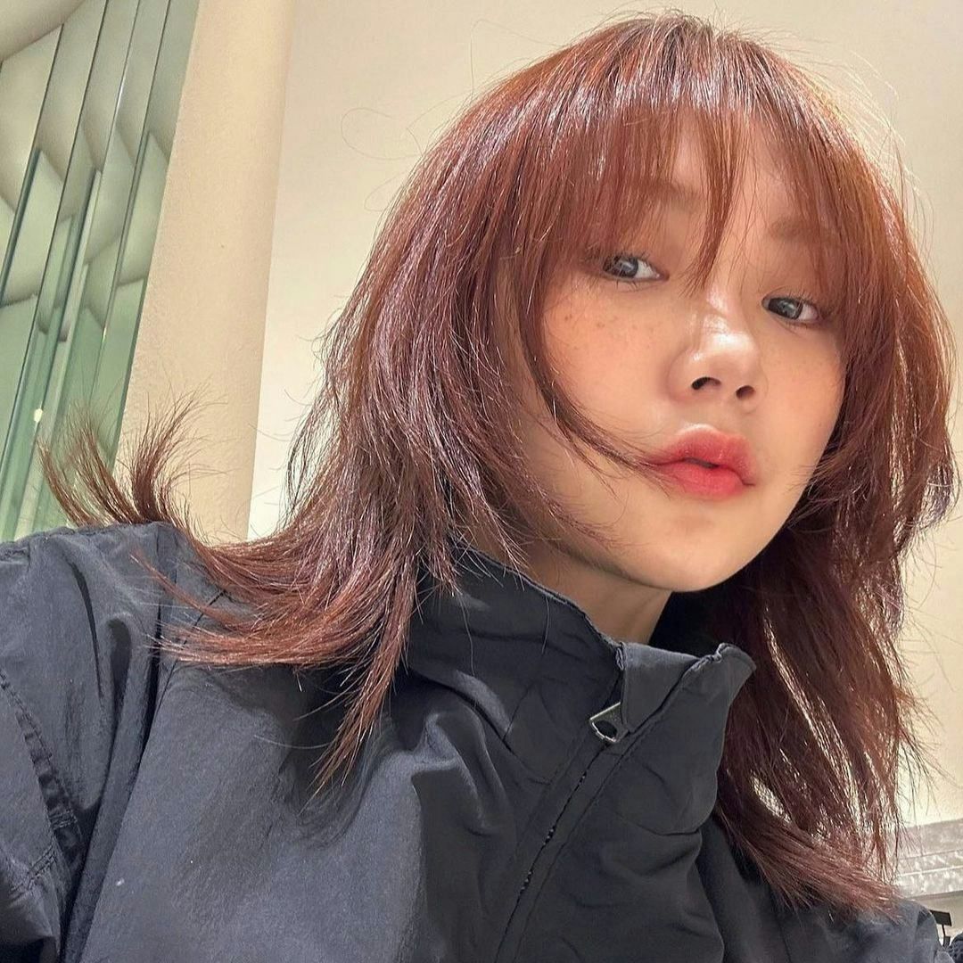 Reddish-Brown Shag With See-Through Bangs Reddish-Brown Shag With See-Through Bangs — Hush Cut