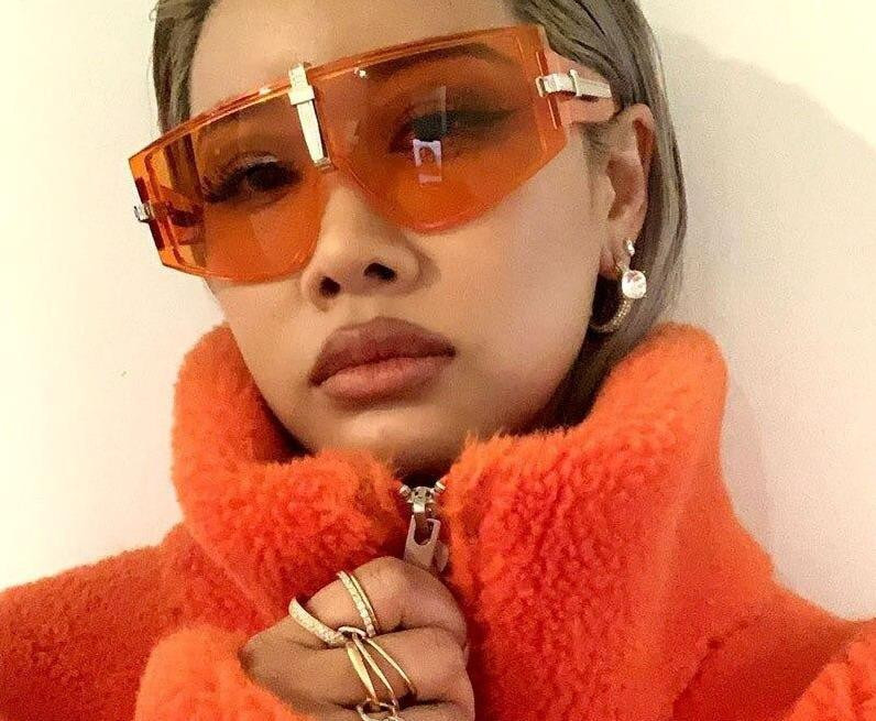 Bold Orange Sunglasses with Fuzzy Jacket and Gold Jewelry — Oversized Sunglasses Outfits