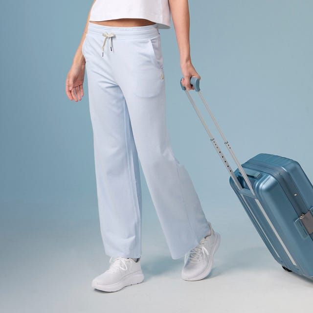 Pale Blue Sweatpants and Cropped Tee — Long Flight Outfits