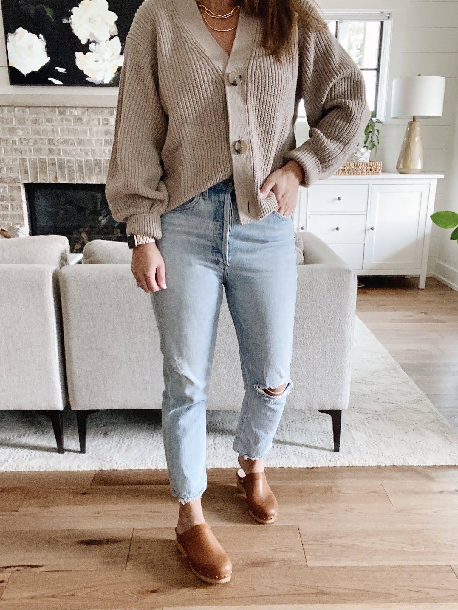 Distressed Jeans and Knit Cardigan with Leather Clogs — Clog Outfits