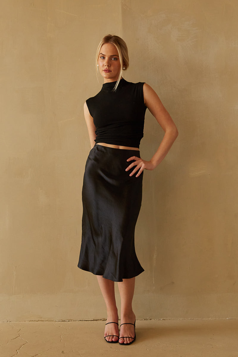 Black Satin Midi Skirt with Mock Neck Top for Sleek Evening Black Satin Midi Skirt with Mock Neck Top for Sleek Evening — Satin Skirts